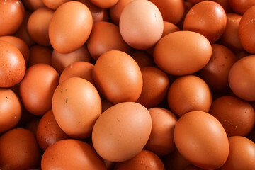 Texture and background of organic raw chicken eggs. Chicken eggs cover the frame.
