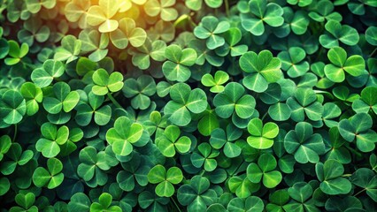 A close-up view of vibrant green shamrock leaves basking in the warm glow of sunlight, creating a natural and captivating backdrop.