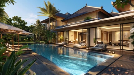 Fototapeta premium 3D render, Modern Interior and pool villa Concept: Embracing the Timeless Elegance and Tranquility of Aesthetics, Creating a Harmonious Fusion of Indoor and Outdoor Spaces