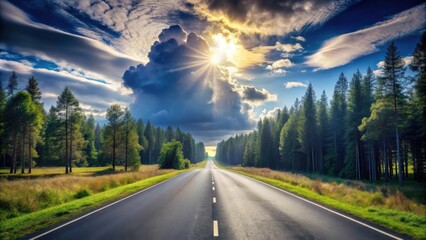 A picturesque asphalt road winding through a lush forest under a dramatic sky with a vibrant golden sun shining through the clouds