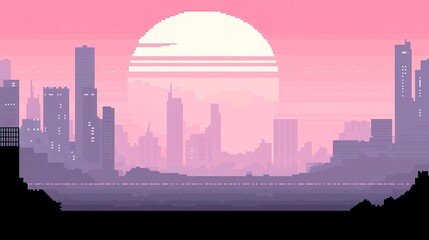 Retro Punk Cityscape, a nostalgic pixel art scene featuring a vibrant urban landscape with soft colors, flat terrain below, evoking wonder and capturing a moment from memory.