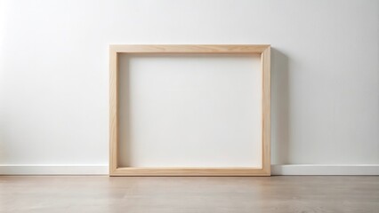 A plain, empty wooden picture frame sits on a hardwood floor in front of a white wall.