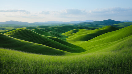 A large, lush green field with rolling hills and a clear blue sky. Concept of tranquility and peacefulness, as the vast expanse of grass stretches out as far as the eye can see