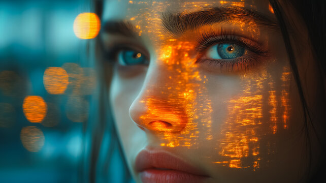 A woman's face is reflected in a window, with the reflection of the city lights and the cityscape - Powered by Adobe