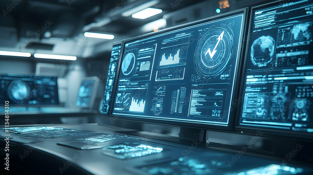 Poster multiple monitors displaying data analytics dashboards in a dark control room.