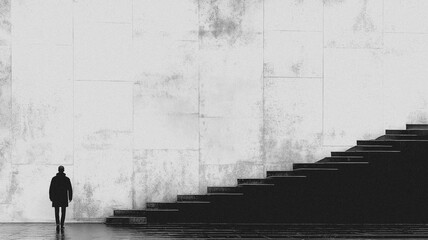 A man is walking down a long set of stairs. The image is in black and white and has a moody, mysterious feel to it