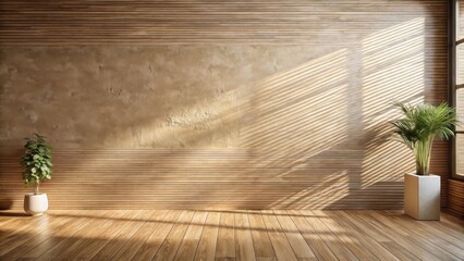 A Minimalist Interior Featuring a Wooden Wall and Sunbeams Streaking Through a Window, Providing a Warm and Serene Atmosphere
