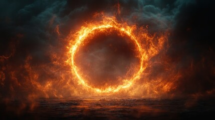 Fiery Circle of Light Abstract Digital Art with Flames and Smoke