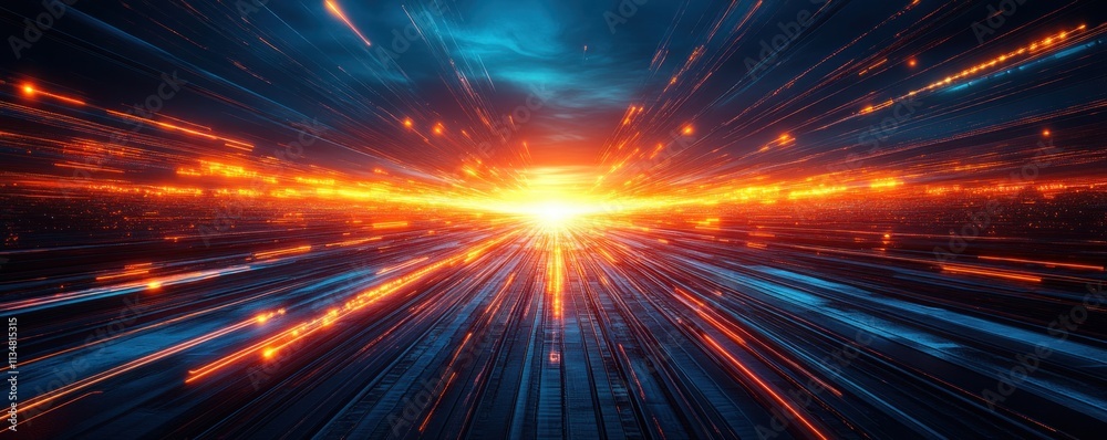 Poster futuristic cyberpunk abstract light beams in dark environment for ai data transmission and digital o