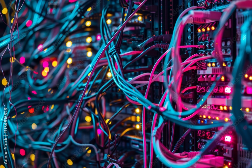 Poster a multitude of tangled wires and brightly lit server components create a vibrant display in a data c