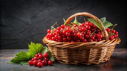 Red ripe viburnum berries placed in a wicker basket, set against a black background, viburnum, ripe, red