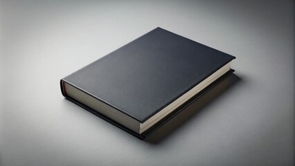 A closed black hardcover book with a white edge lies on a grey surface with soft lighting.