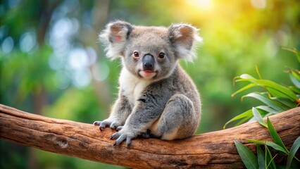 Adorable koala bear cub sitting on a tree branch, cute, baby animal, wildlife, Australia, marsupial, furry