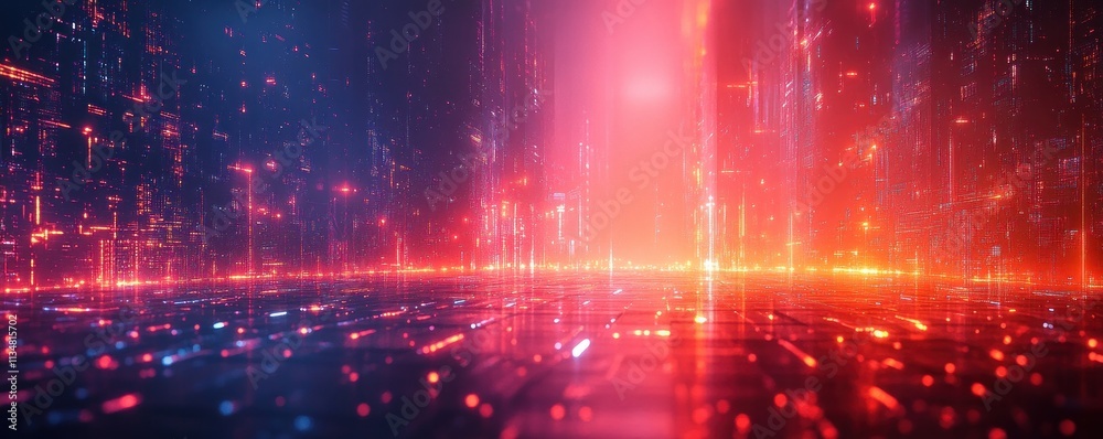 Poster futuristic digital landscape with neon lights enhancing technology processes and data transfer in cy