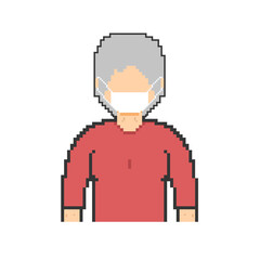 Pixel art masked grandmother in red