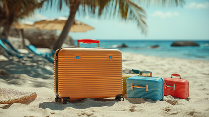 Vibrant Beach Accessories in a Suitcase on Sand for a Fun Family Vacation