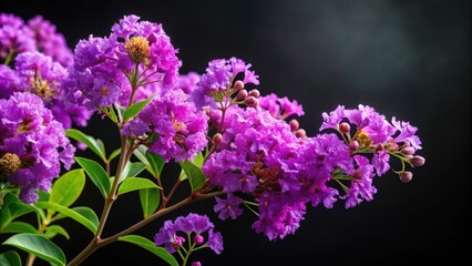 Obraz premium Purple flowers (Lagerstroemia Floribunda) isolated on black background , Lagerstroemia Floribunda, purple, flowers