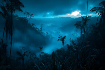 Mystical blue hour rainforest valley, mist, palms.