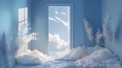 Fototapeta premium 3d render, white fluffy clouds going through, flying out, open door, objects isolated on blue background. Door to haven abstract metaphor, modern minimal concept. Surreal dream scene
