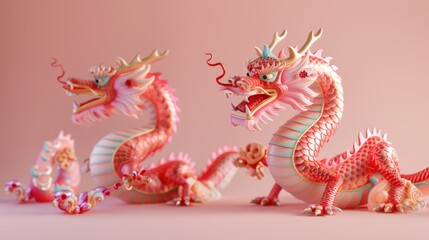 Fototapeta premium 3D rendered images of Chinese and Japanese style red dragons. Has a pastel colored background. For various designs or festivals such as New Year, carnival, abstract.