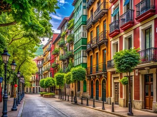 Obraz premium Charming Street in a Neighborhood of Bilbao Featuring Vibrant Architecture, Quaint Shops, and Lush Greenery Surrounded by Scenic Views and Local Culture