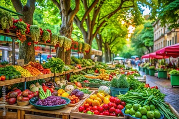Obraz premium Charming Street Market Filled with Fresh Produce and Lush Trees, Showcasing Vibrant Colors and Textures in a Quaint Urban Setting, Perfect for Food Lovers and Nature Enthusiasts
