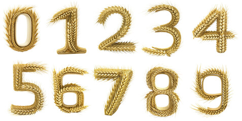 Ornate gold numbers 0 to 9, embellished with made of wheat. on transparent cutout, PNG file