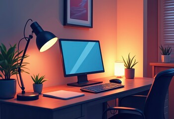 Cozy Workspace with Computer and Warm Lighting