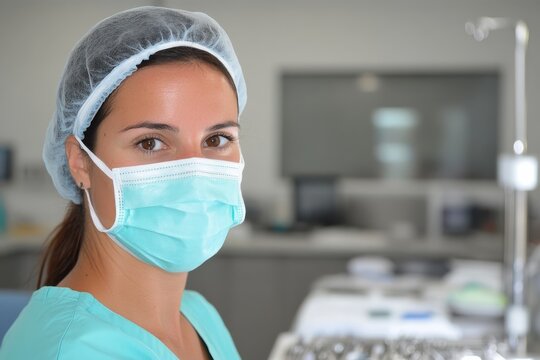 A smiling female healthcare worker dressed in turquoise scrubs radiates positivity and friendliness, embodying the spirit of patient care and support in a clinical environment.