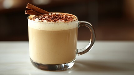 creamy vegan chai latte topped cinnamon and beautiful heart design. Served in clear glass mug warm drink invites you relax in cozy atmosphere.