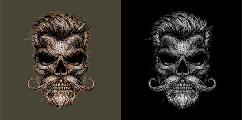 Rockabilly skull has mustache and beard vector scribble art picture illustration is perfect for your printable t-shirts, posters, banners and banners and also suitable for other items