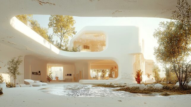 Futuristic Living Space with White Fractal Landscape, Luis Barragan Design, Medium House, Soft Lighting, Cybernetic Life Forms, Distant Tron City Background