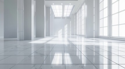 Obraz premium 3d rendering of white empty space in room, ceramic tile floor in perspective, window and ceiling strip light. Interior home design look clean, bright, shiny surface with texture pattern for background