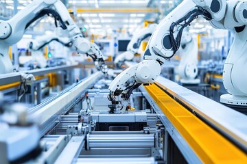 high-tech manufacturing plant with robotic arms assembling products on automated production line