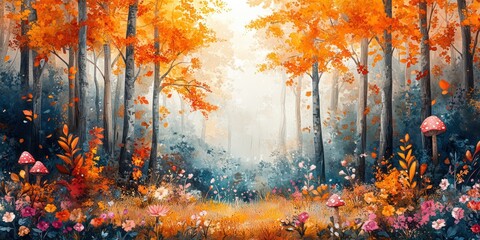 Whimsical Autumn Forest Scene with Fox and Playful Animals in Colorful Leaves