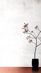 Red Berries on Thin Branch with Minimalist White Background