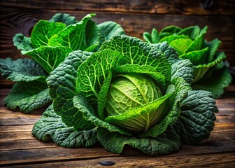 Fototapeta premium Close-up Architectural Photography of Fresh Green Cabbage Leaves on a Rustic Wooden Surface, Showcasing Nature's Textures and Colors in an Organic Setting