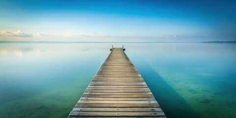 Fototapeta premium A wooden pier extends into the calm, tranquil waters of a lake, leading the eye towards the serene horizon.