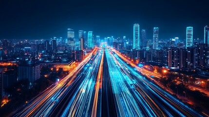 Fototapeta premium Nighttime traffic flow in urban cityscape long exposure photography