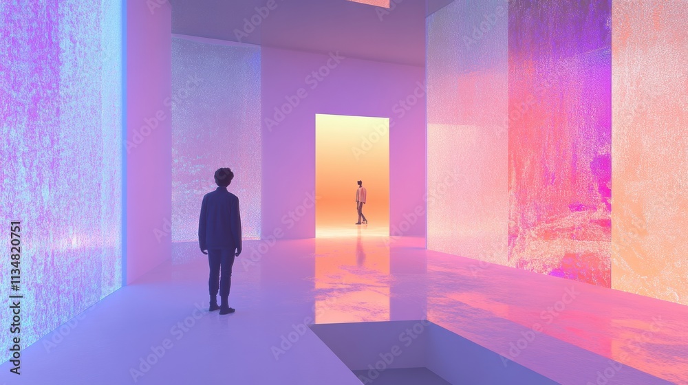 Poster visitors explore a modern digital gallery filled with vibrant virtual artworks and engaging avatars 