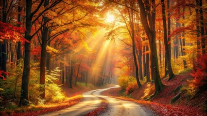 A winding road through a forest bathed in the golden light of the autumn sun, the vibrant hues of red, orange, and yellow leaves creating a breathtaking spectacle.