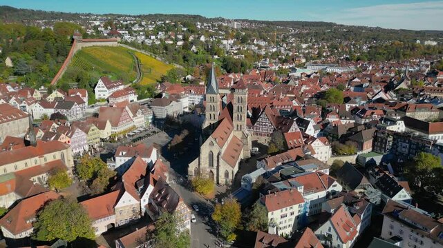 The drone aerial footage of M&uuml;nster St. Paul and old town of Esslingen, Germany. Esslingen am Neckar is a town in the Stuttgart Region of Baden-W&uuml;rttemberg, Germany.
