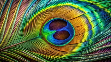 Obraz premium Close-Up Drone Photography of a Vibrant Peacock Feather Showcasing Intricate Patterns and Striking Colors in Nature's Splendor