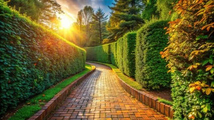 Obraz premium A winding brick pathway through a lush green hedge, bathed in warm sunlight, leading towards a mysterious unknown