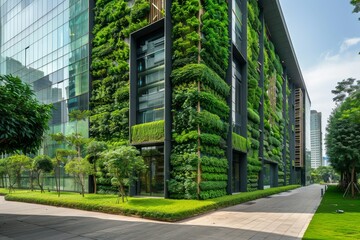 The modern building features a striking vertical garden on its facade, enhancing urban greenery. Sunlight gleams on the foliage, surrounded by well-maintained lawns and trees.