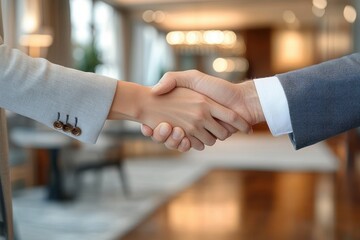 Real Estate Partnership Handshake between Man and Woman in Modern Office