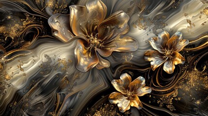 3d wallpaper for wall frames fractal flowers golden and black liquid marble background. Resin geode and abstract art, functional art, like geode painting