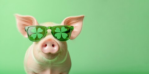 happy new year, silvester, new year's eve party celebration luck greeting card - Cute pig with sunglasses and four four-leaf clover symbol, isolated on green background