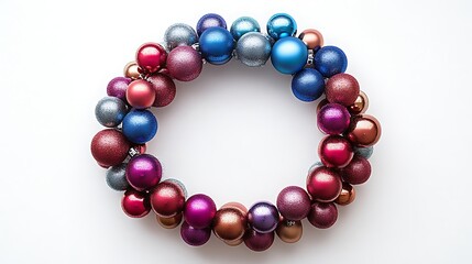 Obraz premium Colorful Christmas bauble wreath on white.