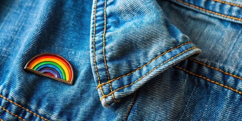 A rainbow pin on a denim jacket with contrasting yellow stitching, showcasing the colorful and vibrant symbol of pride